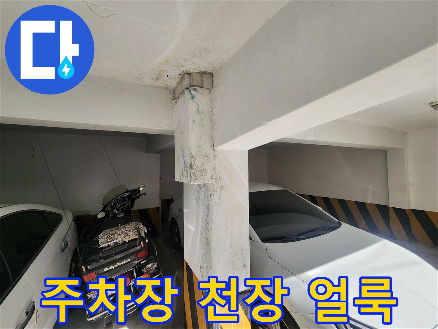 주차장 상부 슬라브의 누수 침투 흔적 사진