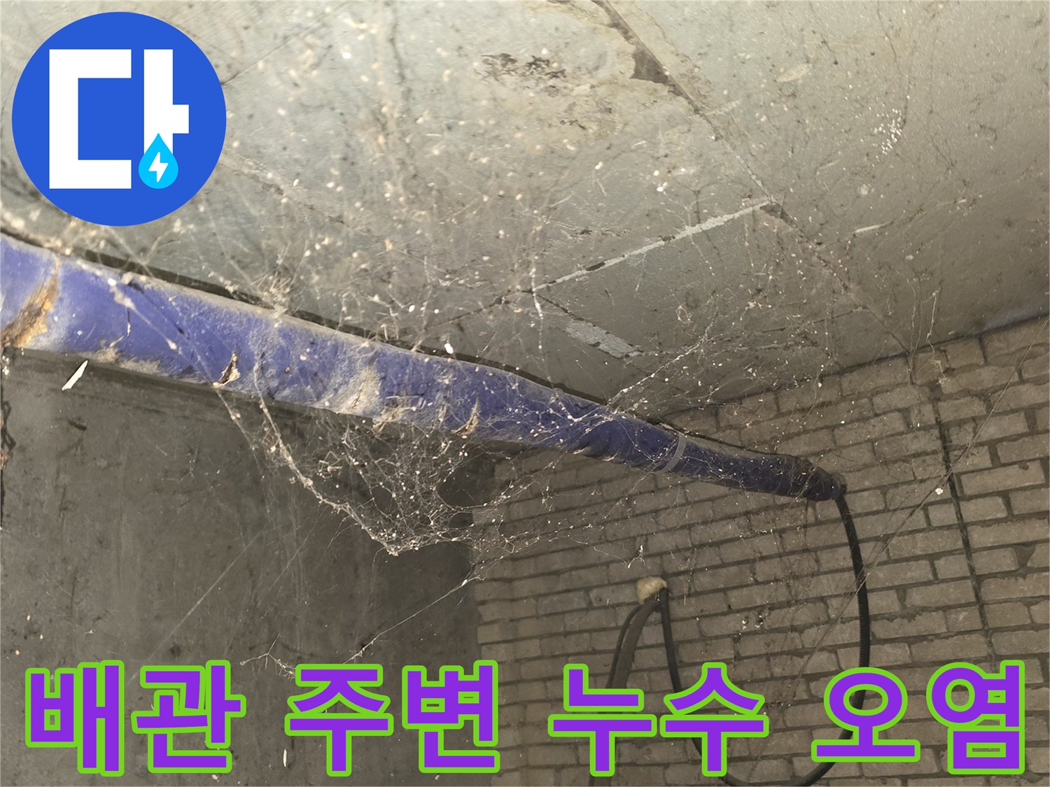 천장 배관재-물샘 흔적이 남은 파란색 보온재 배관