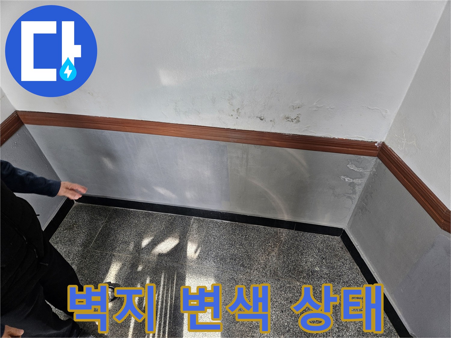 하단부 벽지가 젖어 변색된 모습