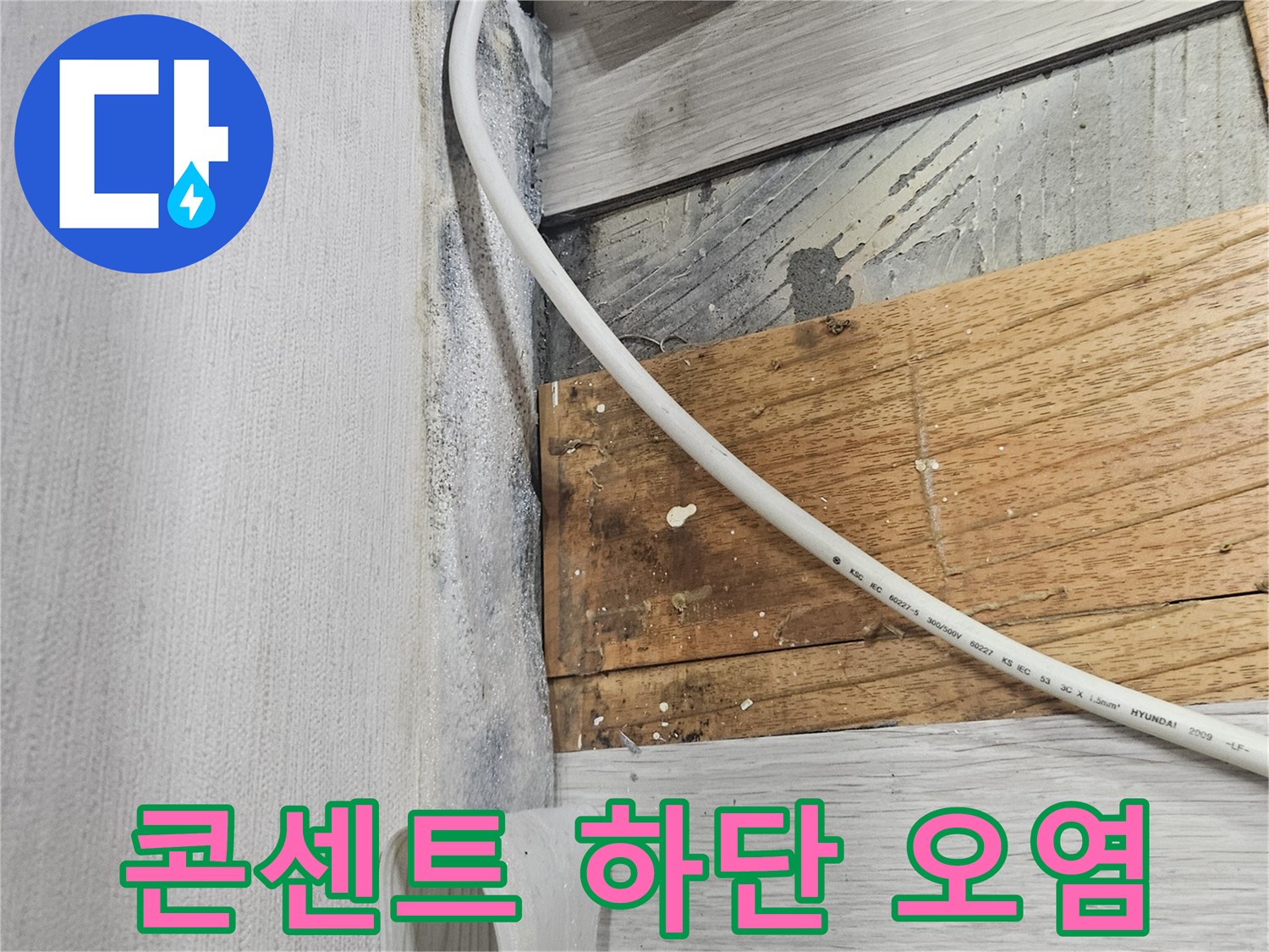 전기 콘센트 주변의 곰팡이와 배관 누수 흔적