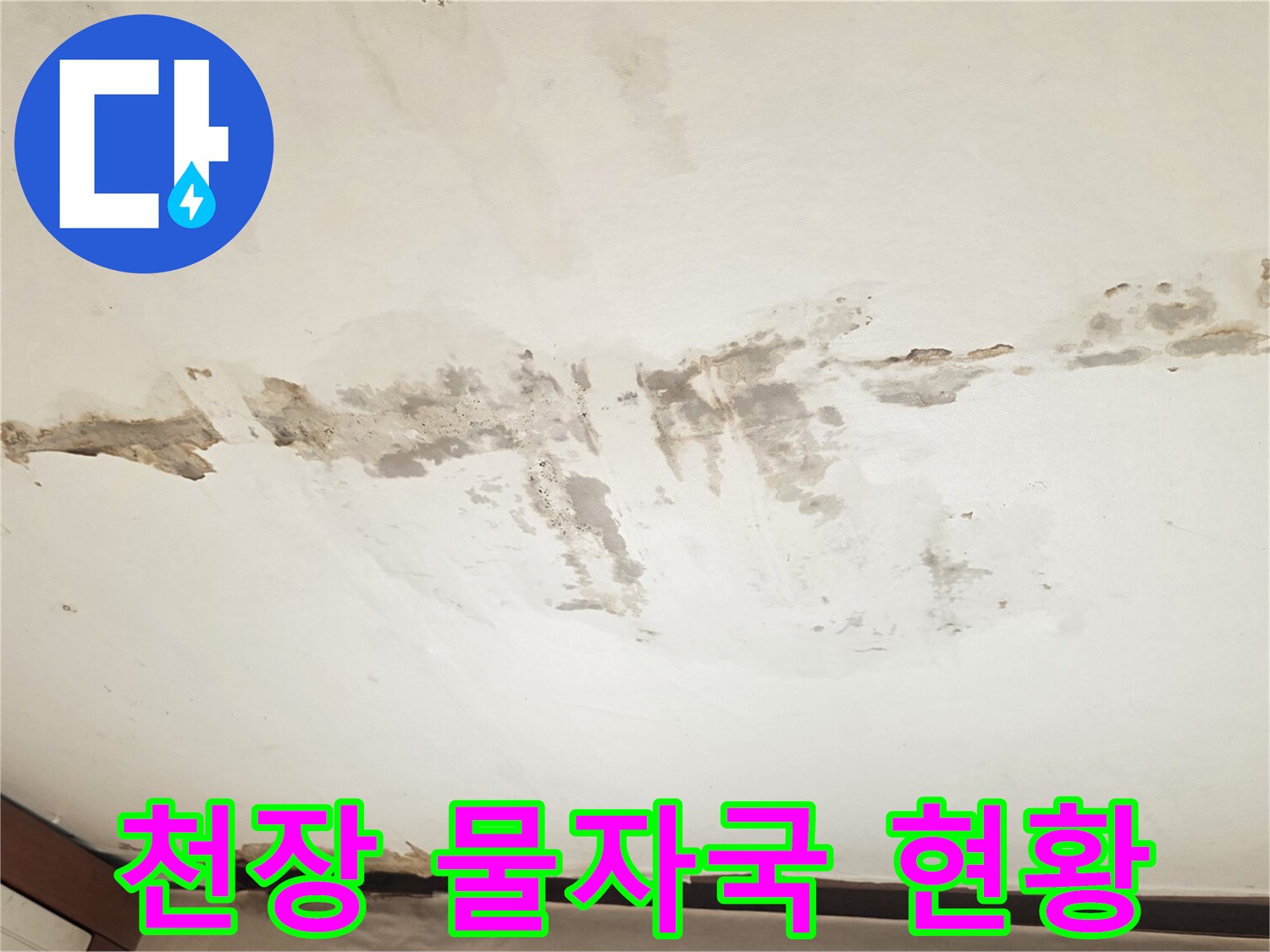 넓게 퍼진 천장 누수 오염 부위
