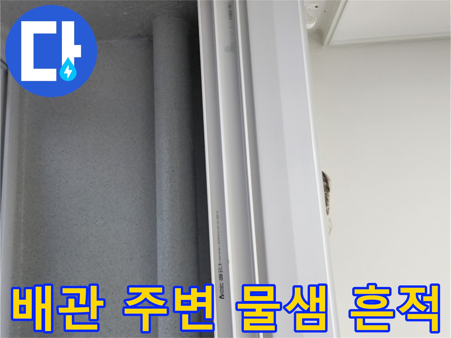 우수관 하단부 - 벽면으로 번지는 습기 관찰