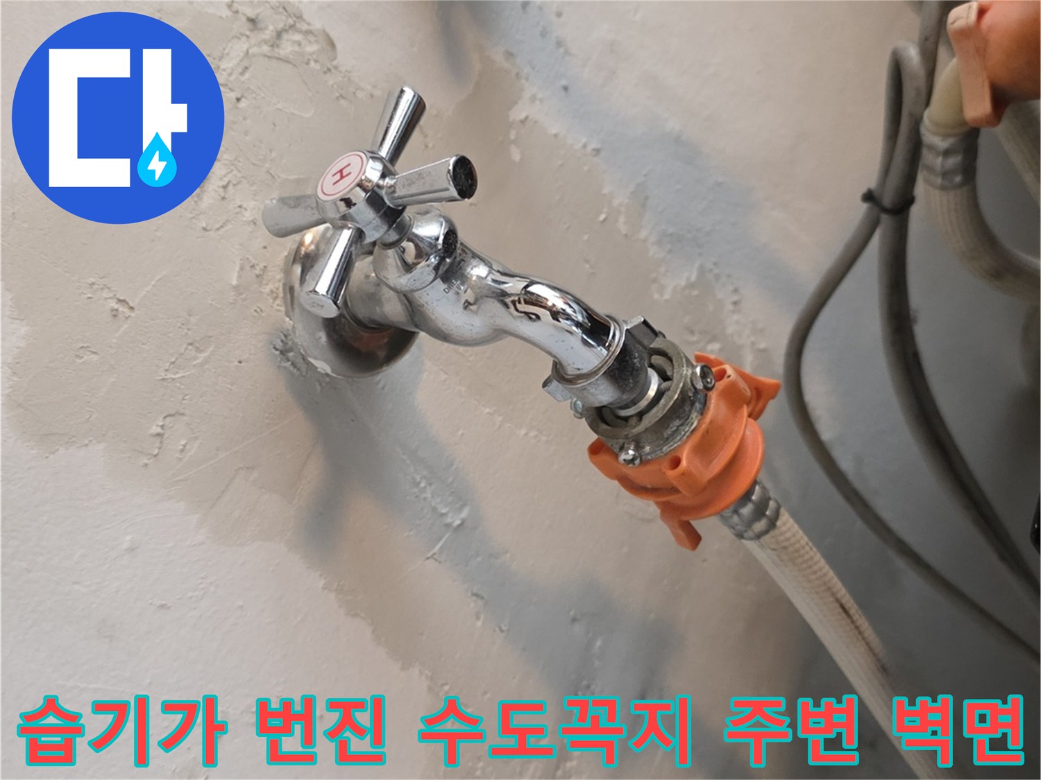 세탁실 수도꼭지 하단-물기 젖은 벽면
