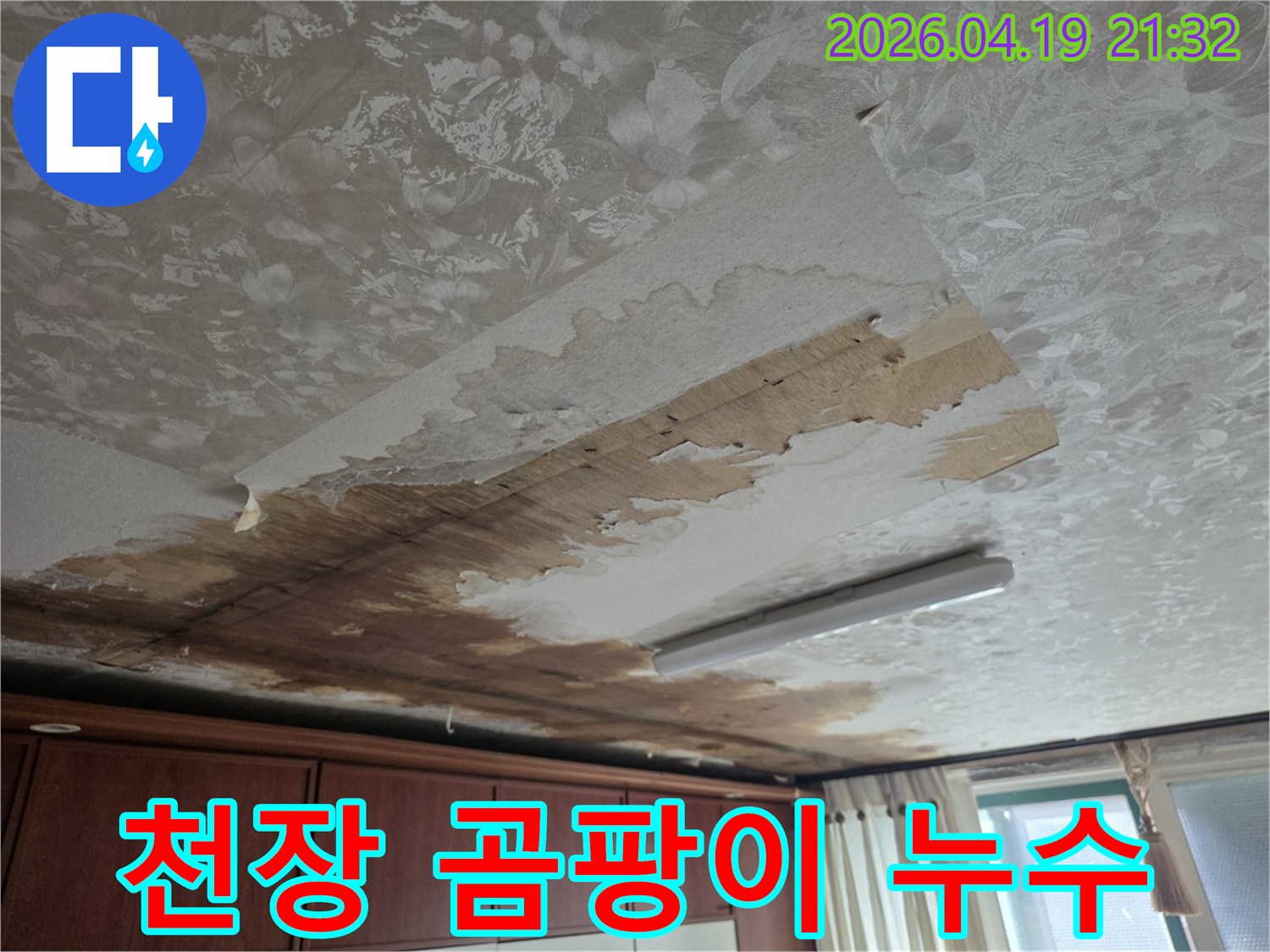 천장 누수로 인해-벽지가 젖고-곰팡이가 발생한-위생상 좋지 않은 현장 이미지