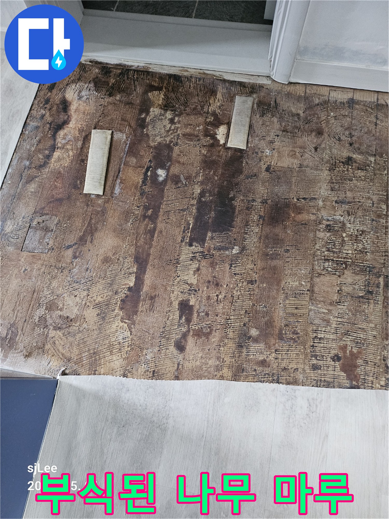 습기로 부패한 나무 소재의 마루재