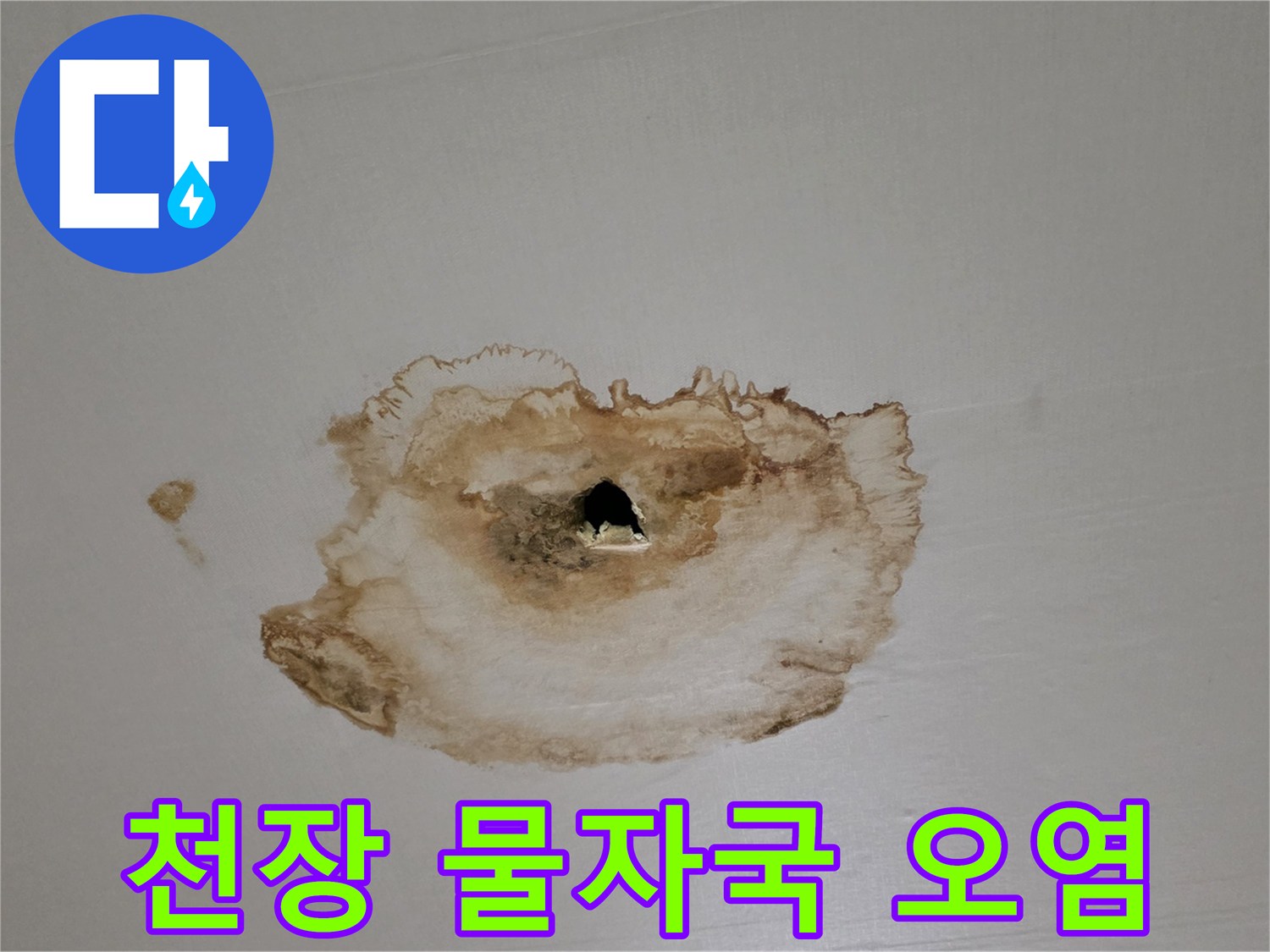 넓게 퍼진 갈색의 천장 누수 얼룩