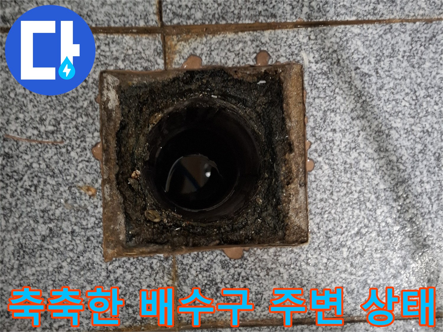배수구 입구 주변의 젖은 타일과 오염된 흔적