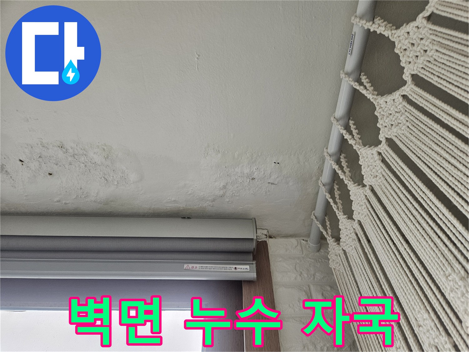 천장-가장자리의-축축한-얼룩과-변색된-벽면