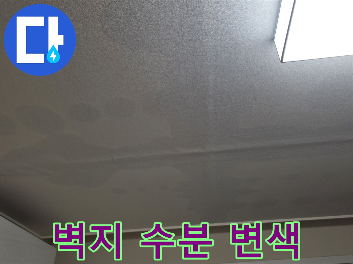 천장 벽지가 젖어 어둡게 변한 누수 피해 부위 촬영