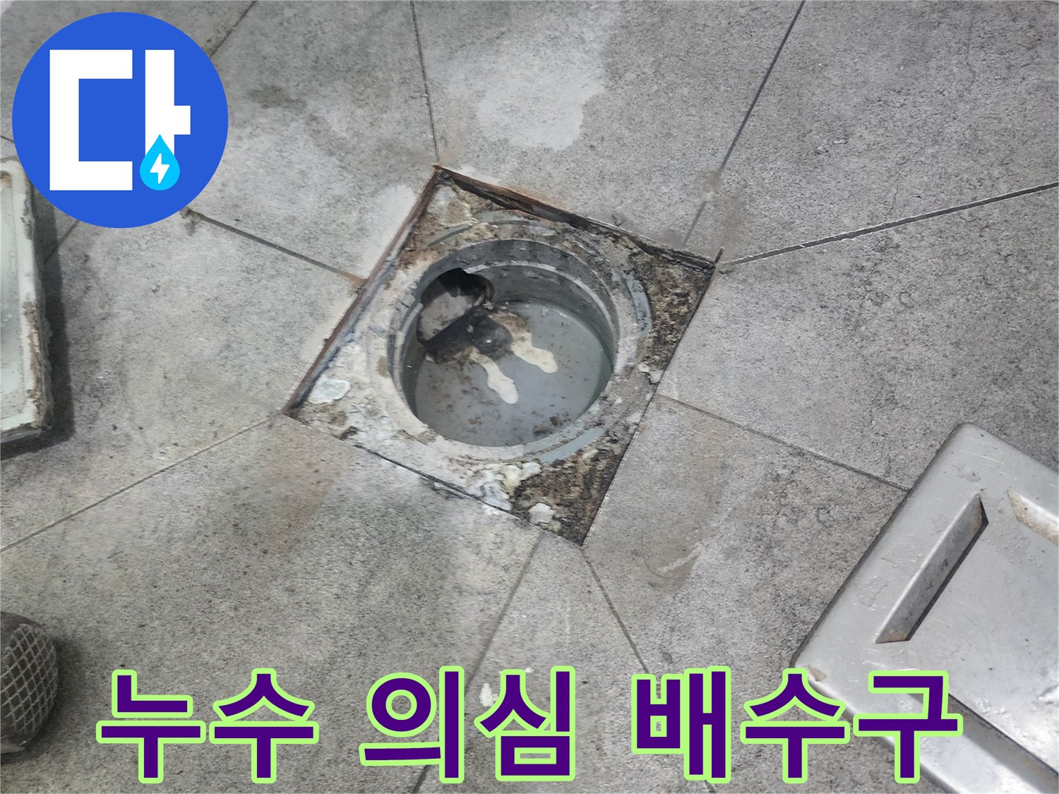 누수 탐지 중-발견된-배수구 주변의-젖은-타일과-오염된-모습