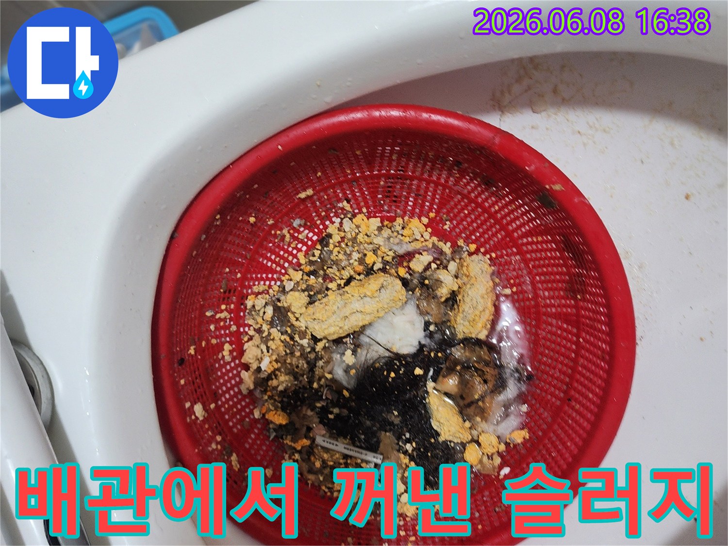 배관 스케일링 작업을 통해 배출된 머리카락과 슬러지 덩어리