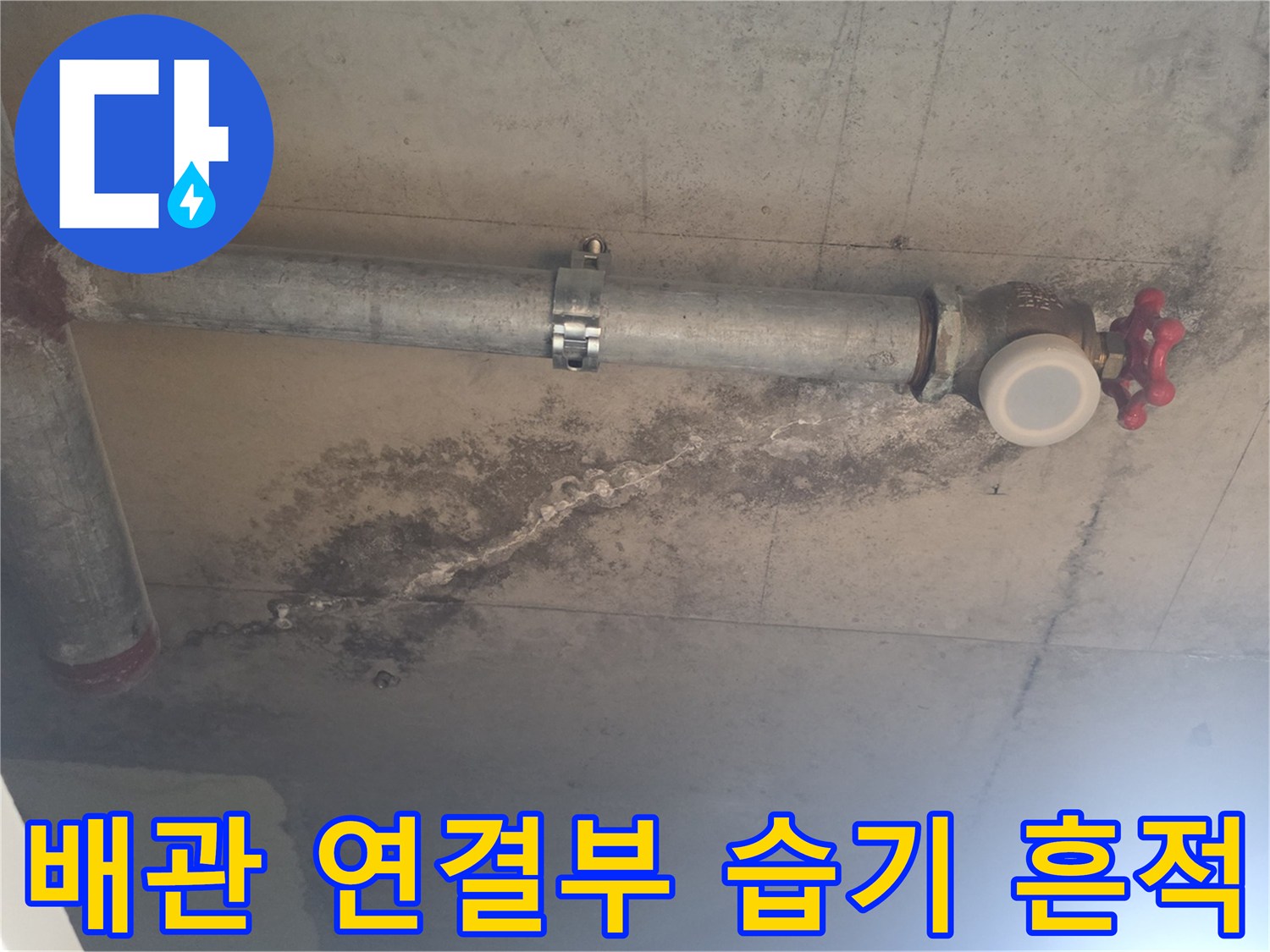 비산동 현장-천장 배관 주변의 젖은 듯한 콘크리트 표면과 오염 상태
