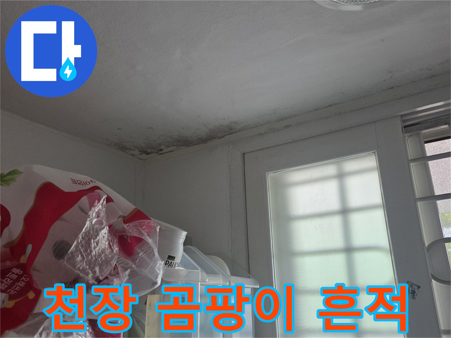 천장 모서리에 발생한 검은색 곰팡이 얼룩