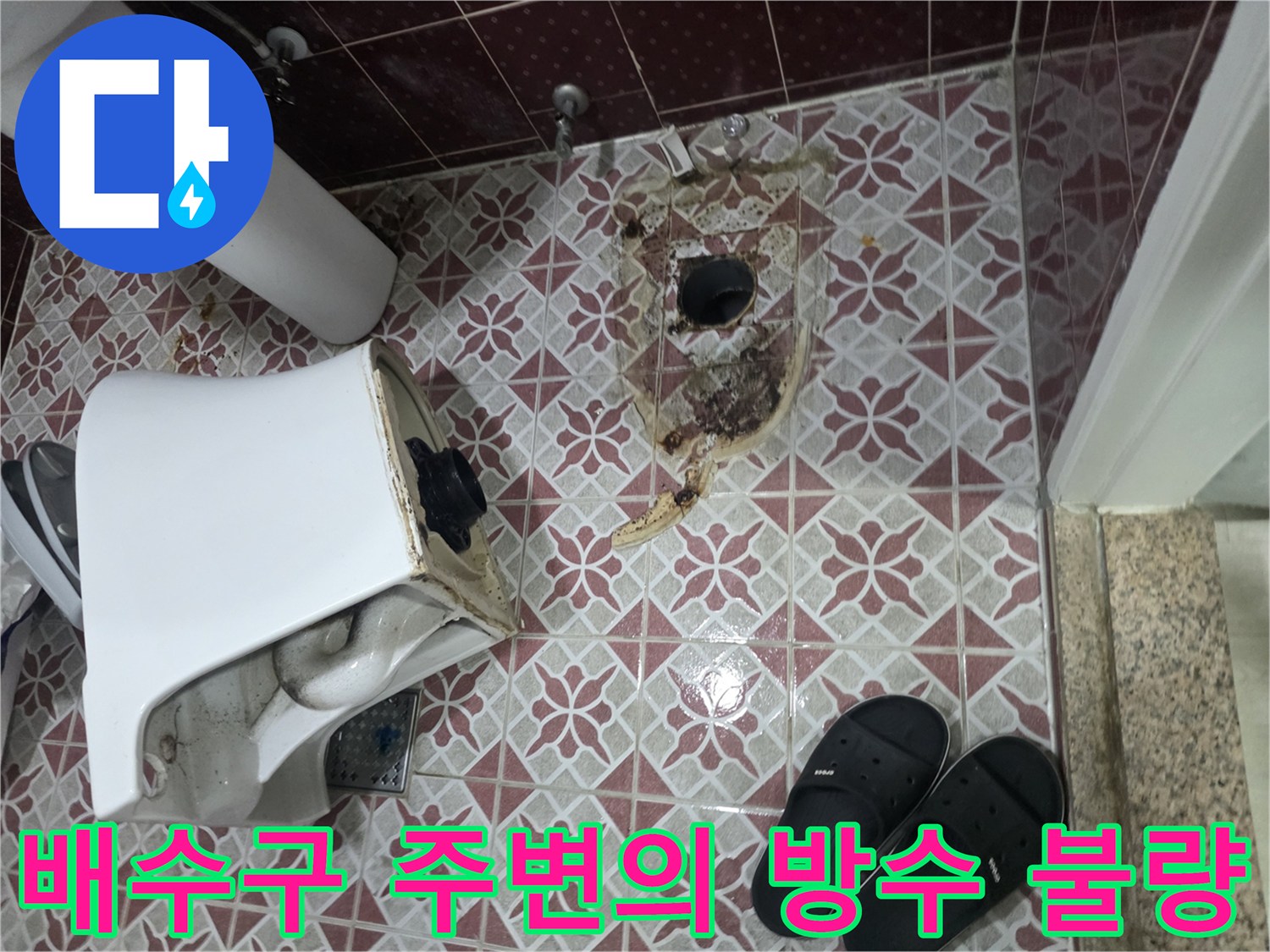 누수가-발생한-화장실-배수구-주변부-사진