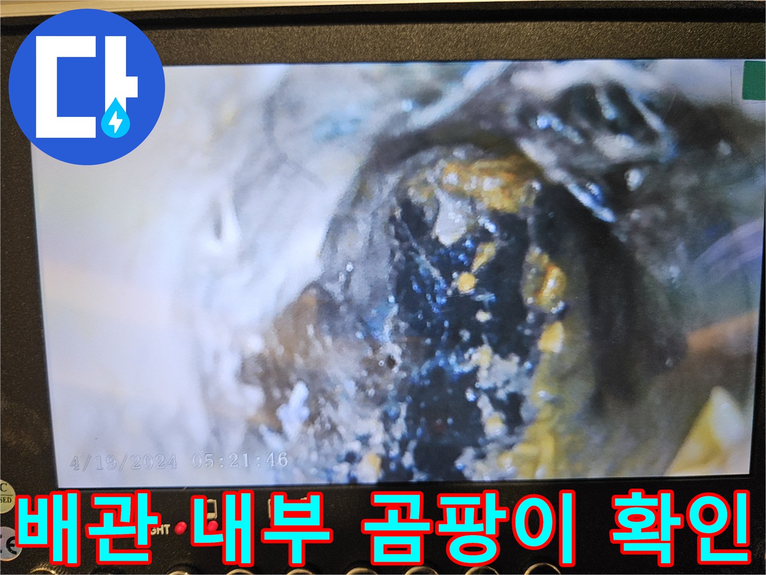 욕조 하수구 배관 내부에 발생한 곰목과 오염 물질 촬영본
