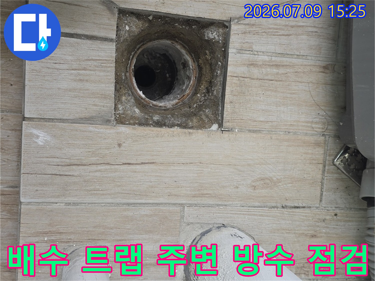 오염된 배수구 주변 타일과 노출된 배수관
