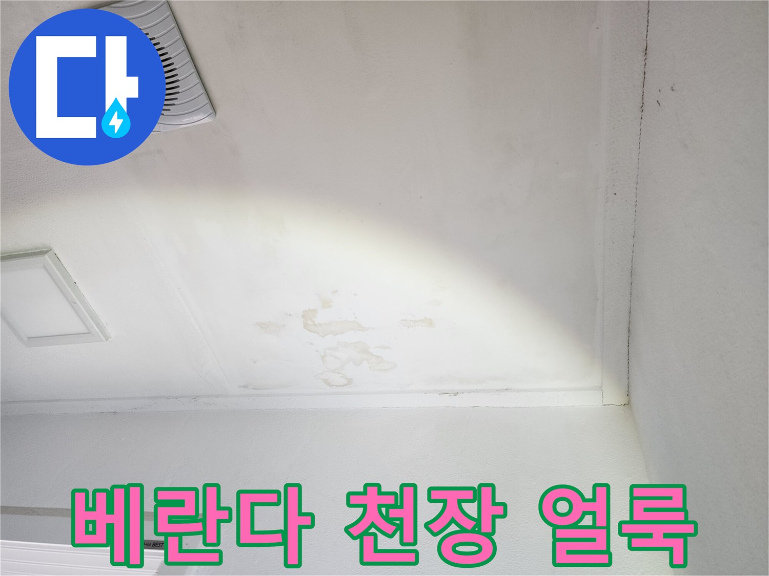 천장 환풍기 주변의 젖은 듯한 얼룩 부위