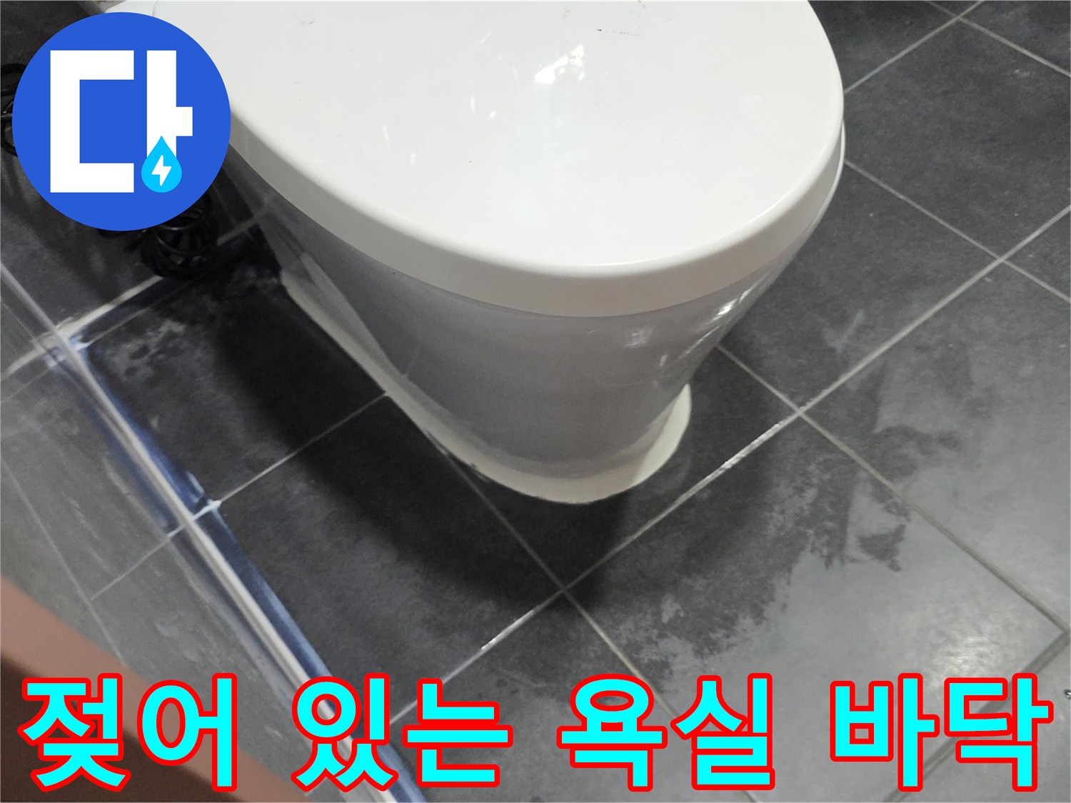 변기 하부 타일의 젖은 얼룩과 습기 확인