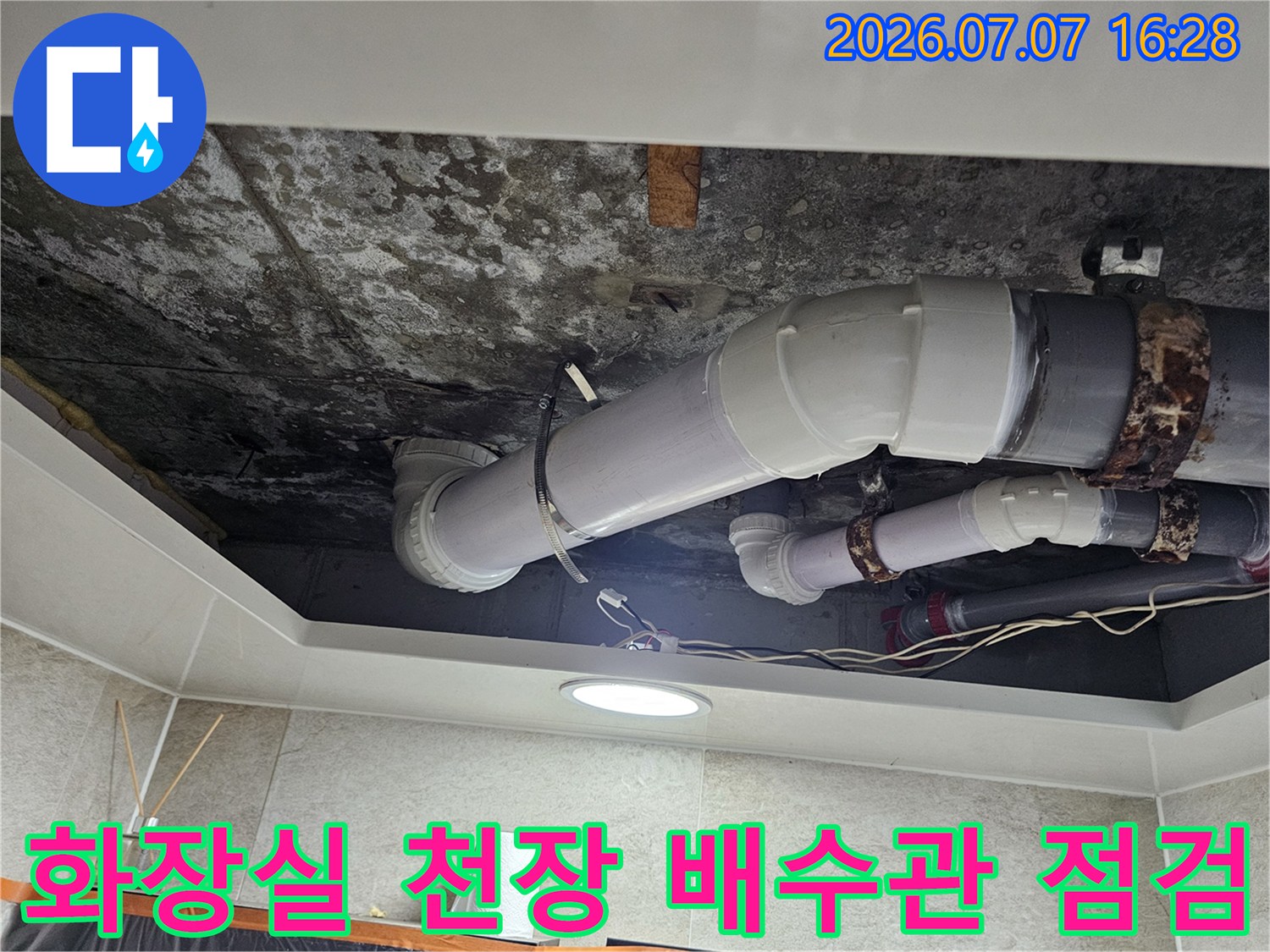 오염된 화장실 천장 내 배수관과 연결 부위 점검 모습