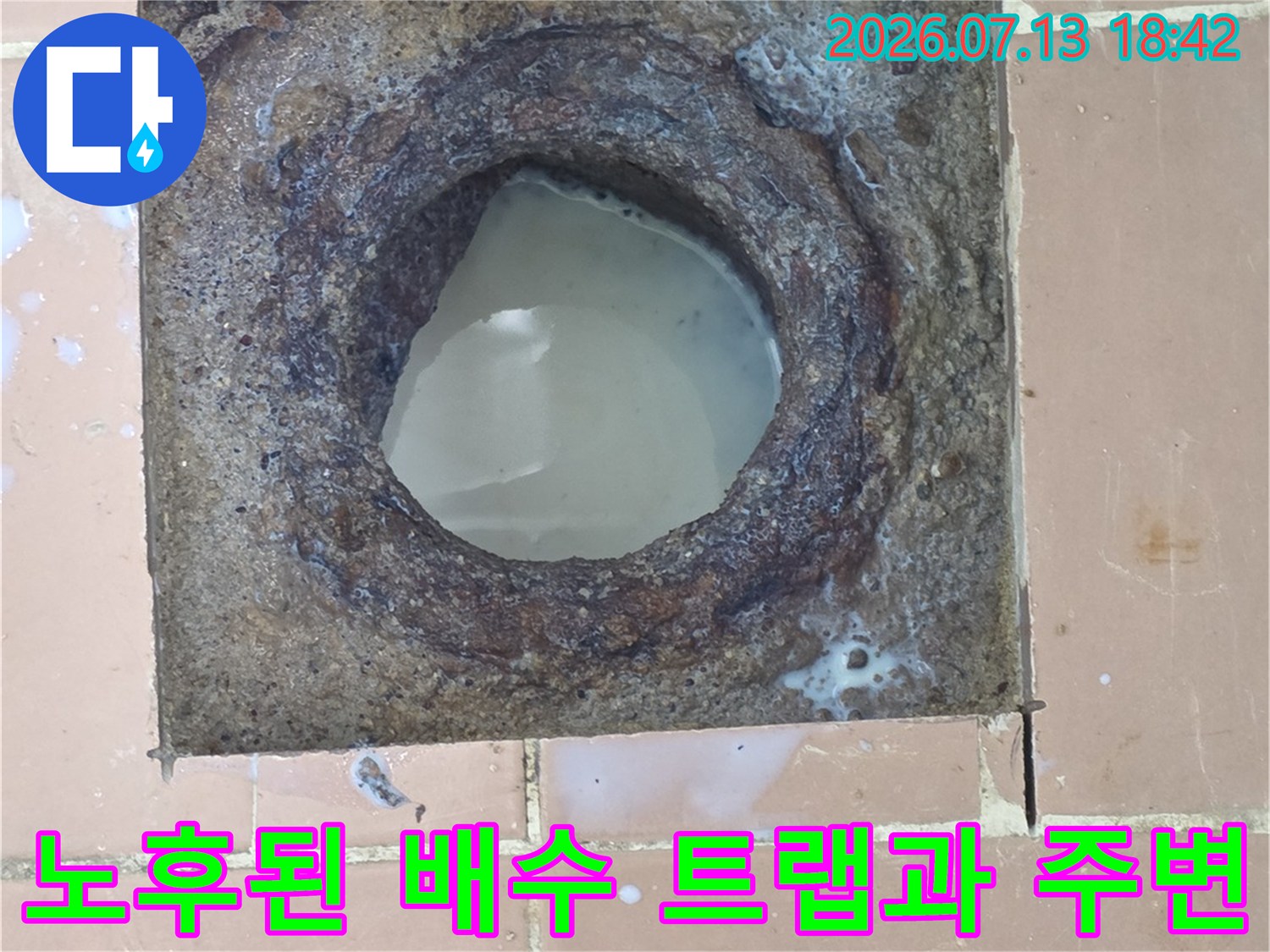 오염물질로 뒤덮인 세탁실 배수구 내부 구조