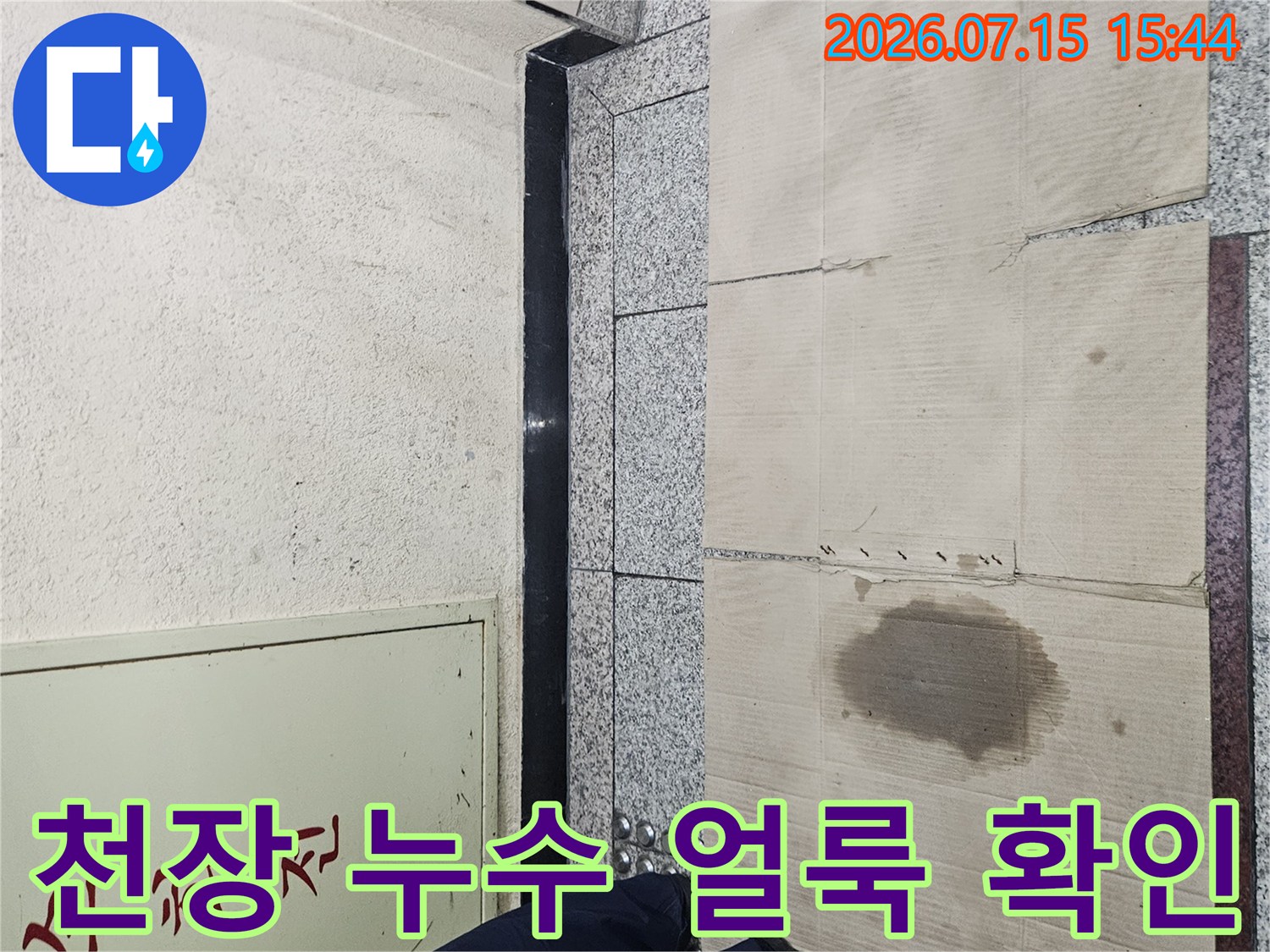 천장에 발생한 물 고임 현상과 젖은 자국을 점검하는 모습