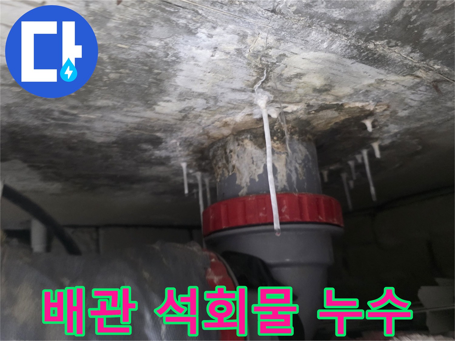 아랫집 천장 배수관 주변에 하얀 석회물이 맺힌 모습