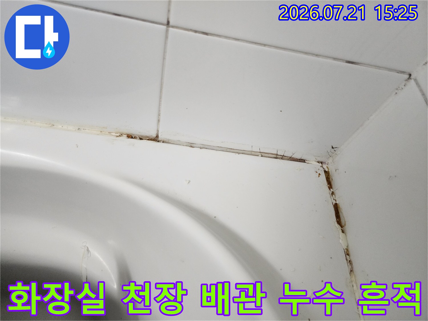 오염된 배관과 젖어있는 천장 마감재의 누수 증거