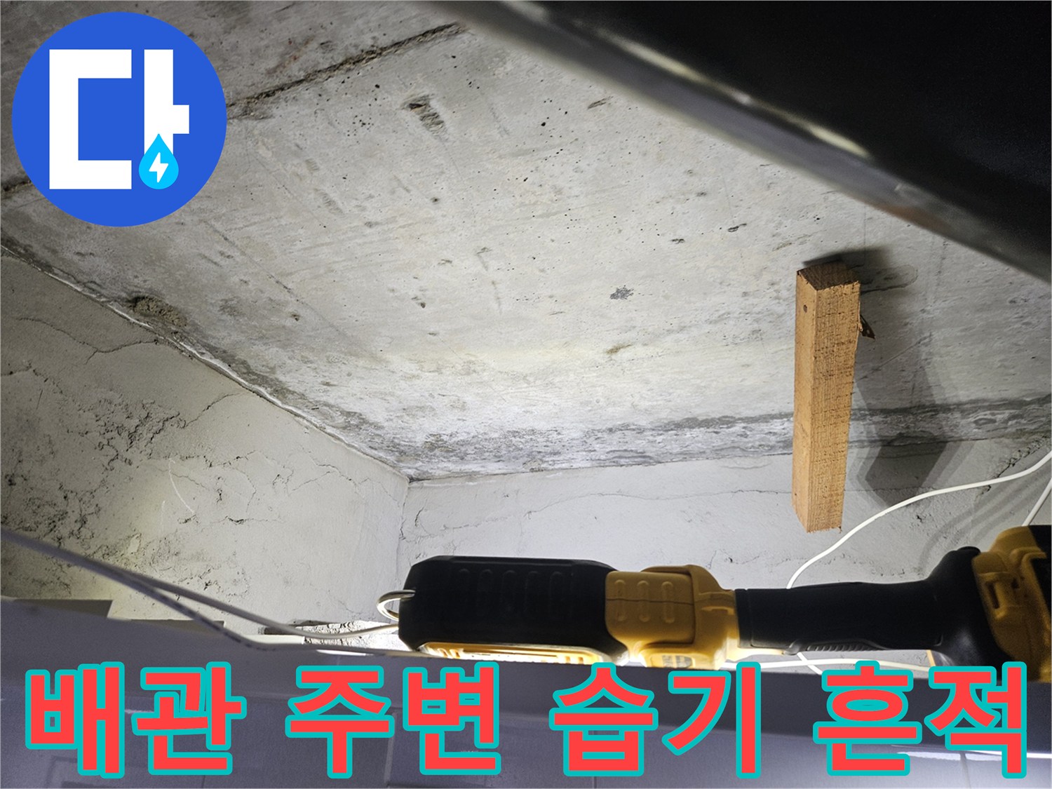 천장 콘크리트 구조물의 수분 침투 및 변색된 부위