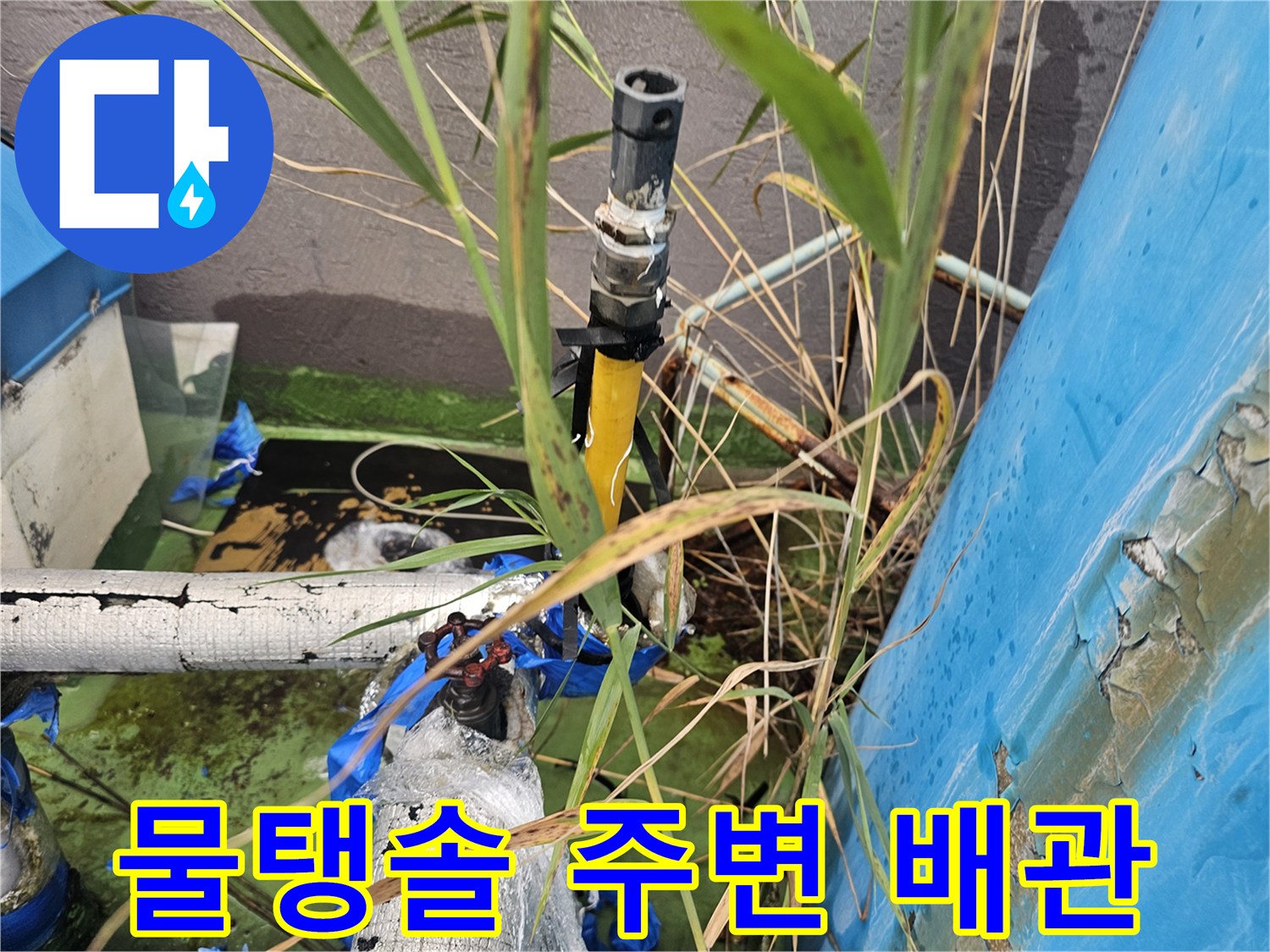 물탱크와 연결된 노란색 밸브 및 흰색 관로