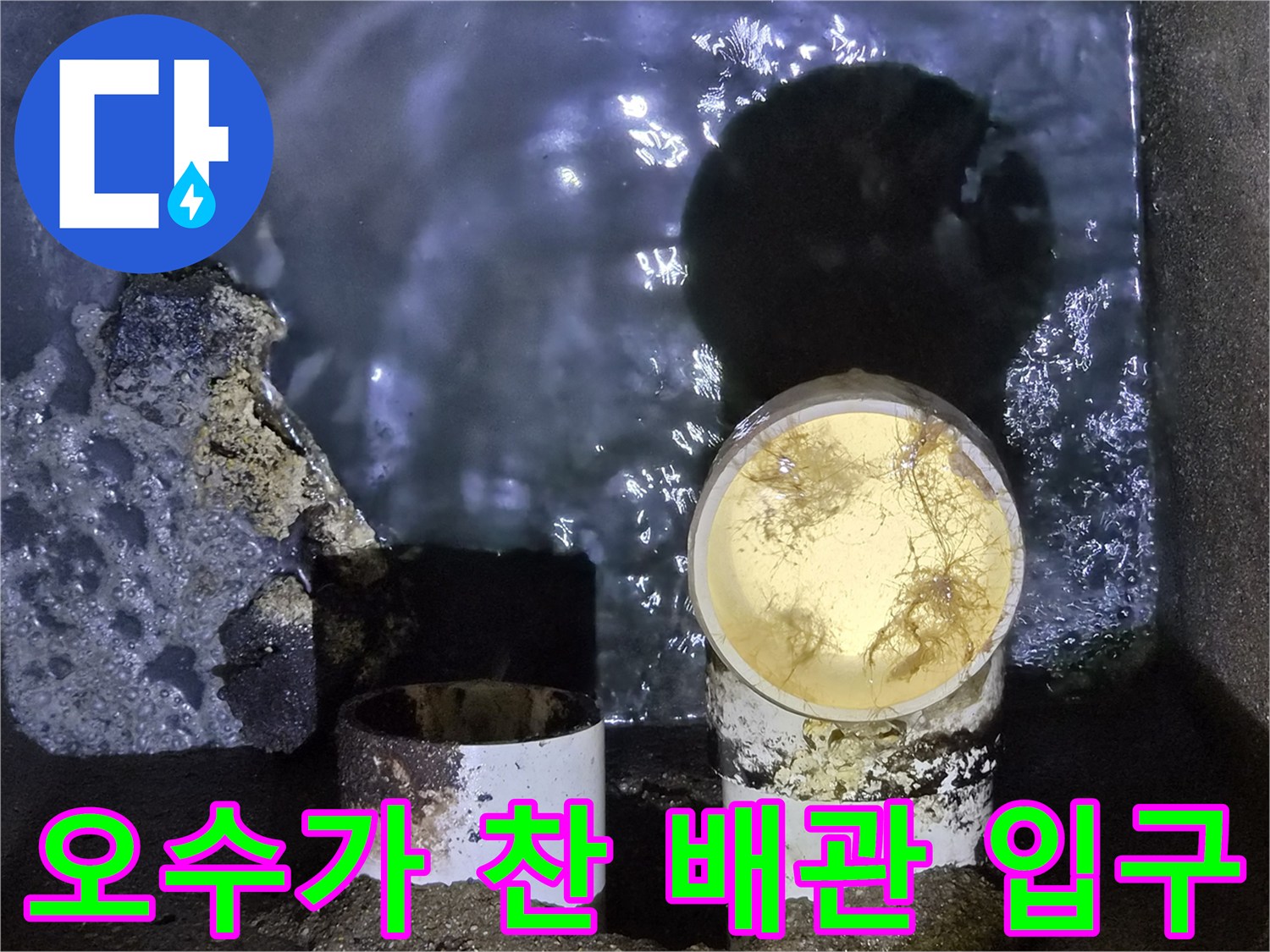 물이 고여 있는 하수 배관 연결부