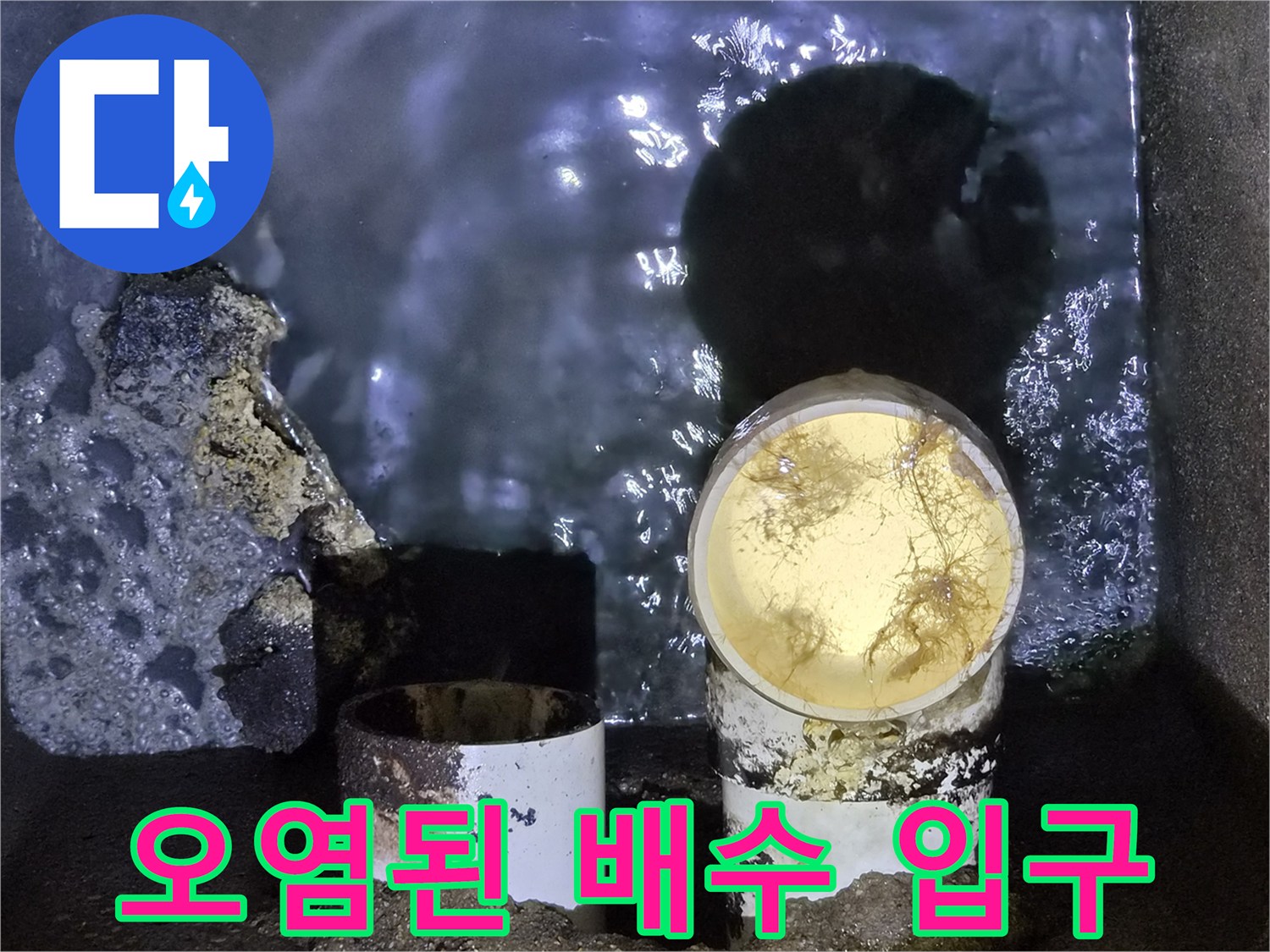 이물질과 물이 섞인 배수관 내부