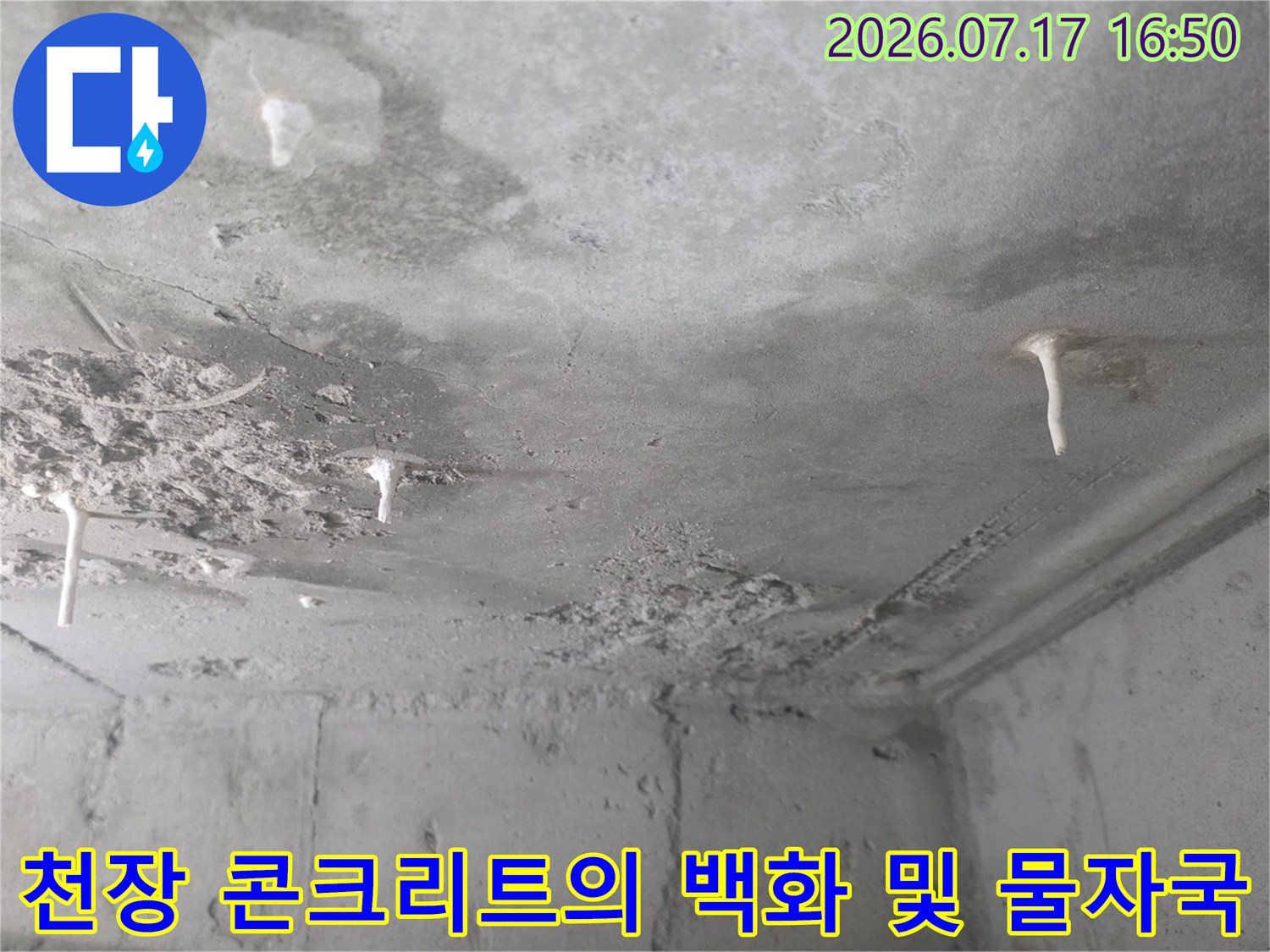 하얀색-석회질이-맺힌-화장실-천장-콘크리트-슬래브-모습