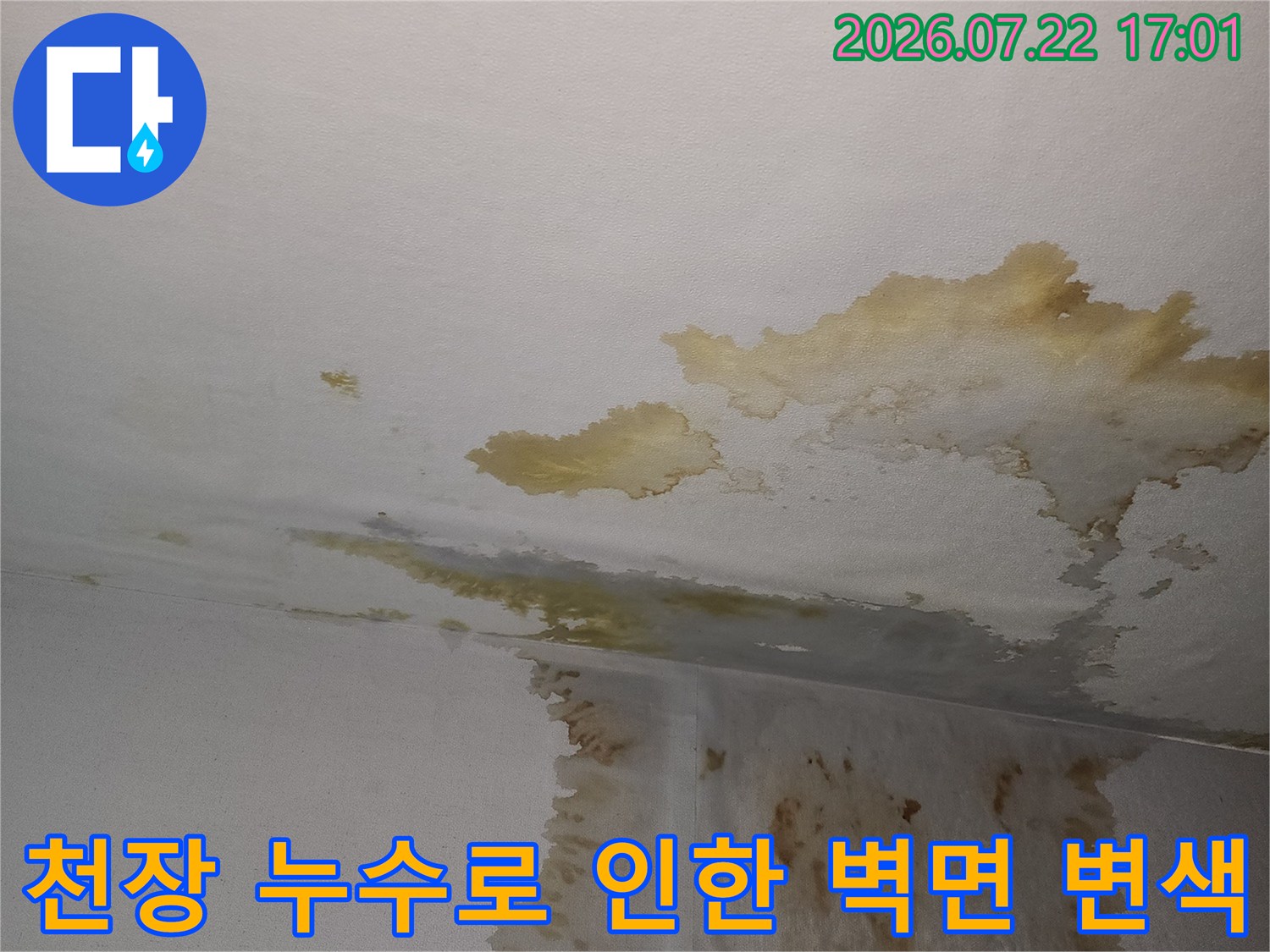 누수가 발생하여 넓게 번진 천장 모서리 얼룩 부위