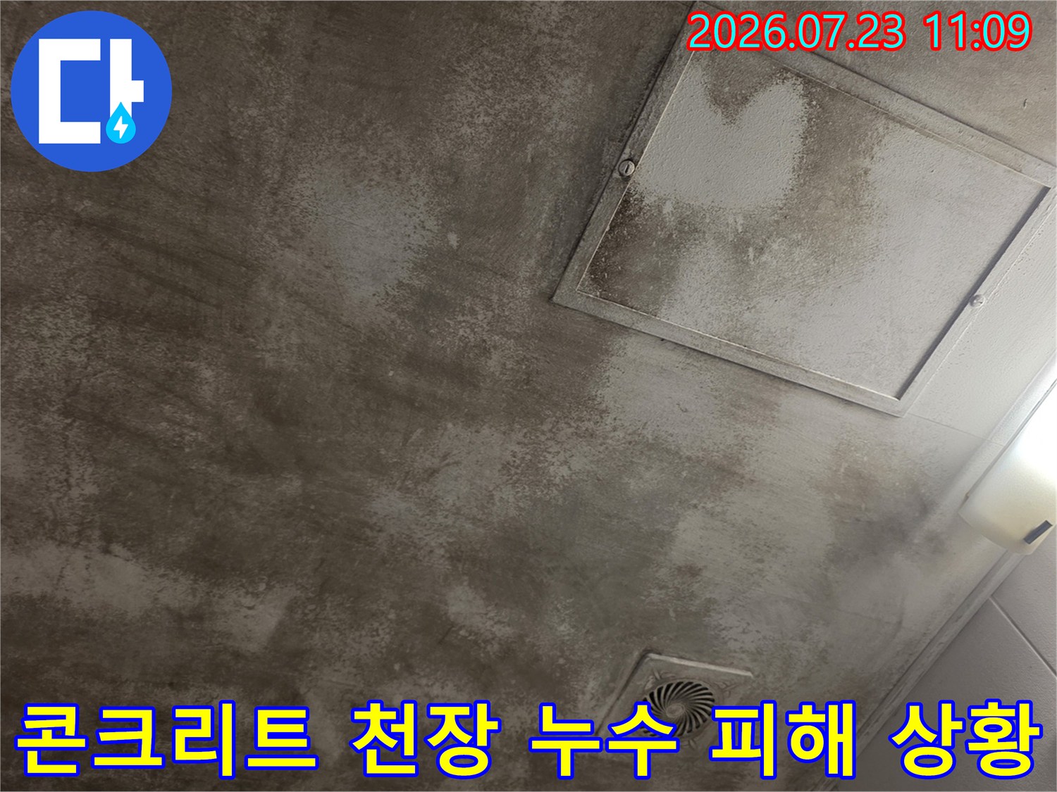 물에 젖어 어둡게 변한 회색 천장 마감재와 설치된 점검구 및 환풍기