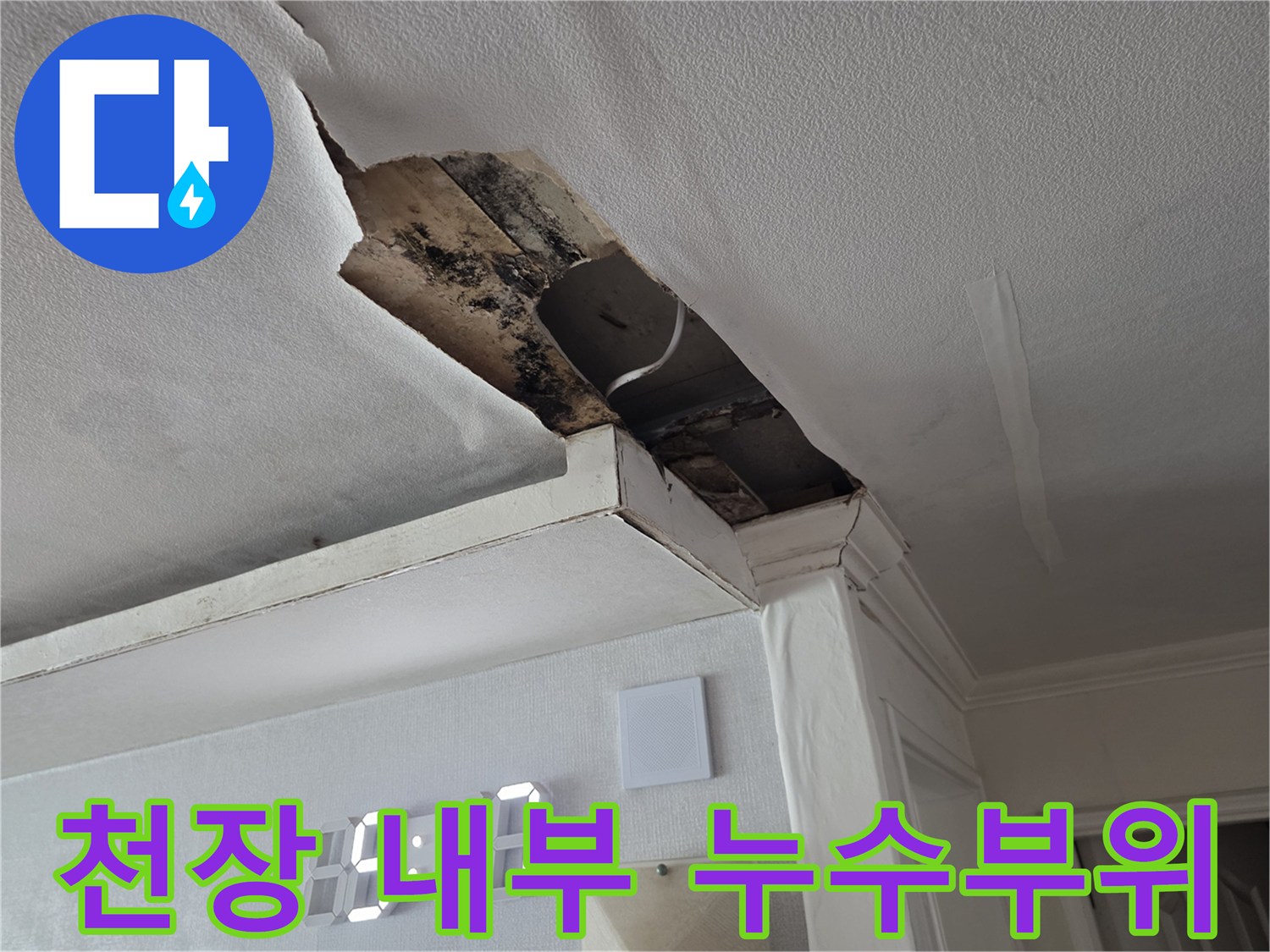 천장 마감재가 뜯겨진 곳의 젖은 흔적과 오염