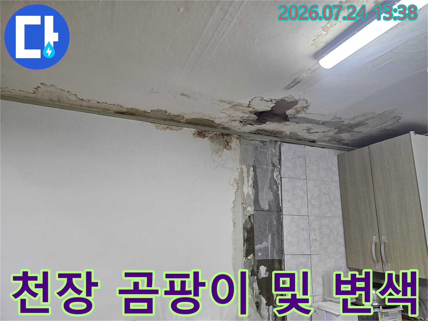 주방 상부장 위쪽 천장에 발생한 검은 곰팡이와 누수 얼룩-반지하층