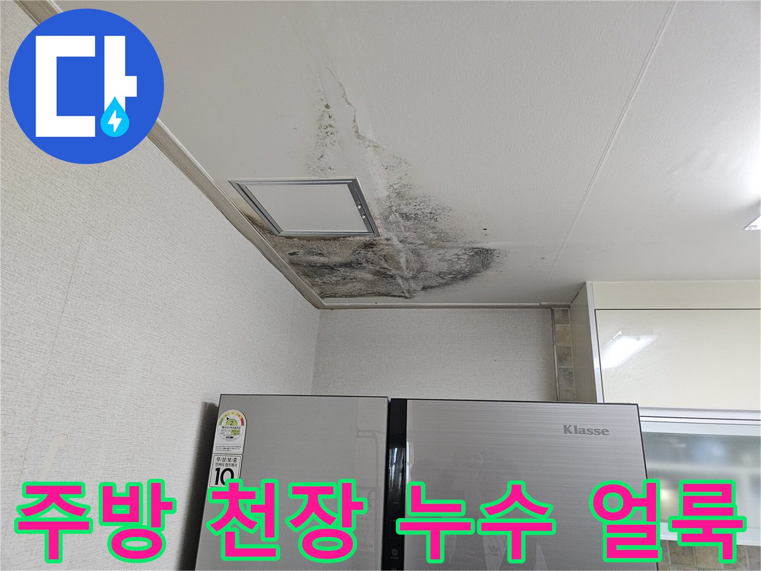 천장 점검구 근처의 심한 곰팡이와 물샘 자국
