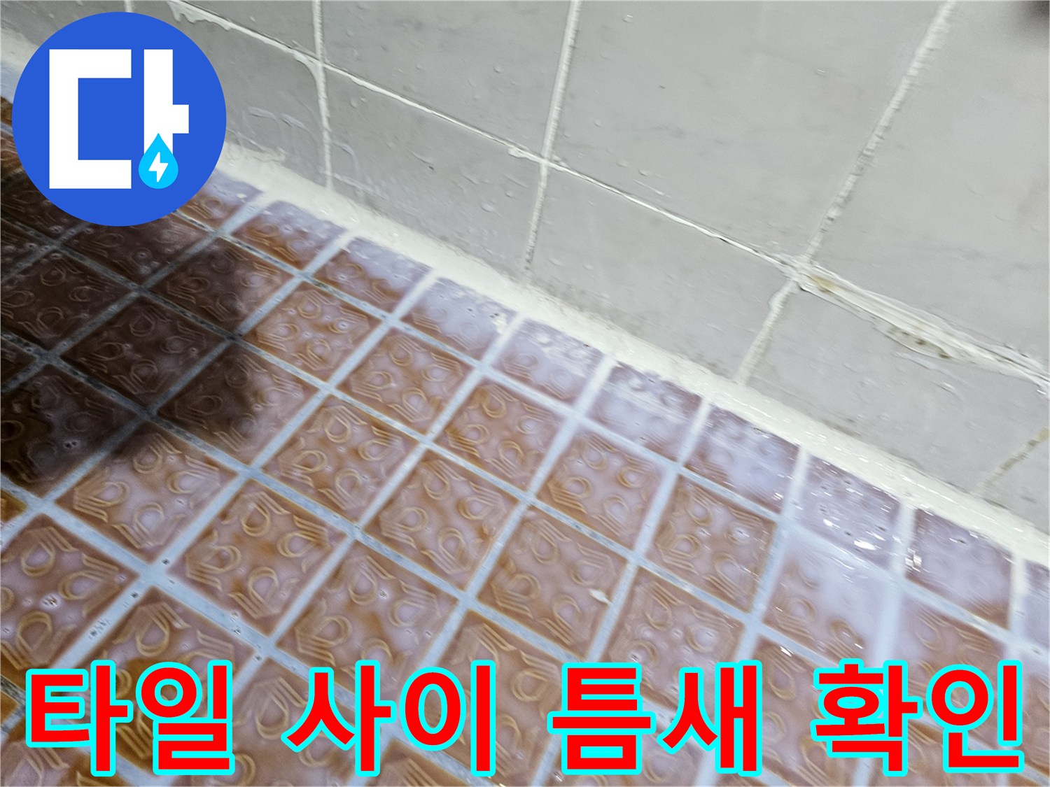 물샘 방지를 위해 타일 줄눈과 마감 부위를 정밀하게 검사하는 모습입니다.