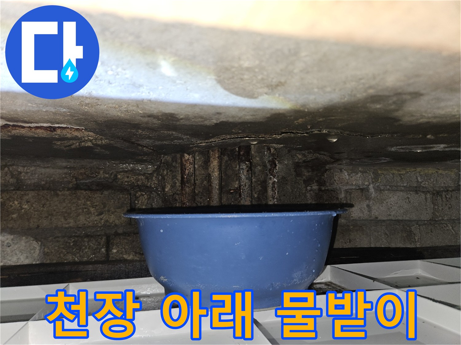 누수가-발생한-천장-하단에-놓인-대야