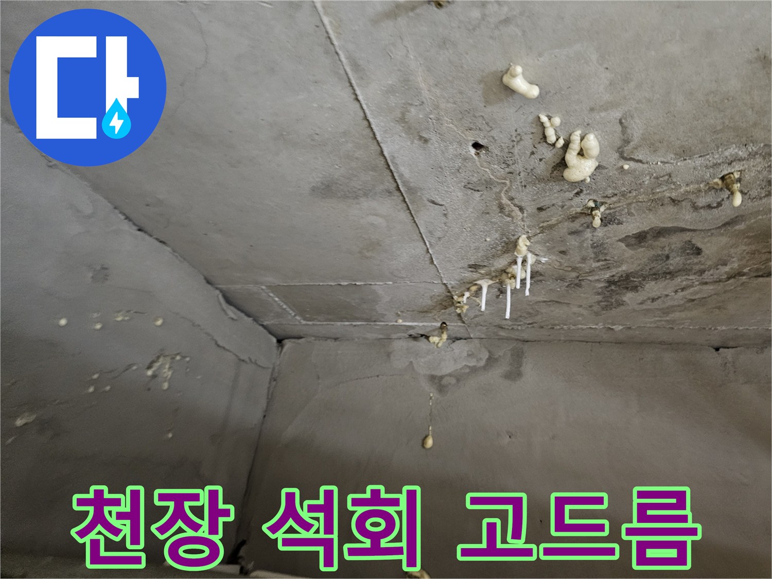 화장실 천장 슬래브에 형성된 하얀색 석회 고드름 현상