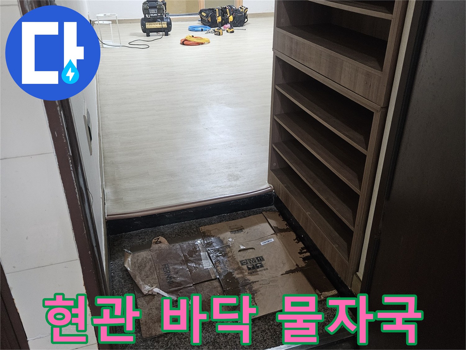 현관 입구 주변의 젖은 흔적과 습기 상태 기록