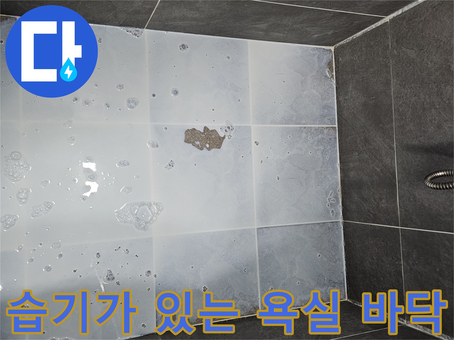 물이 고여 있고 축축한 상태의 화장실 타일