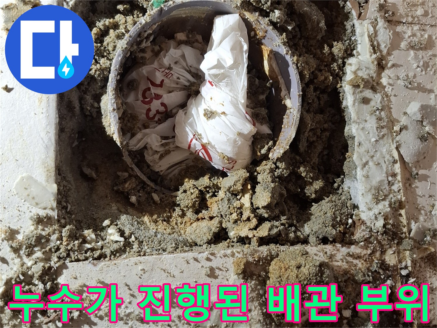 오염된 바닥과 노출된 오수 배관