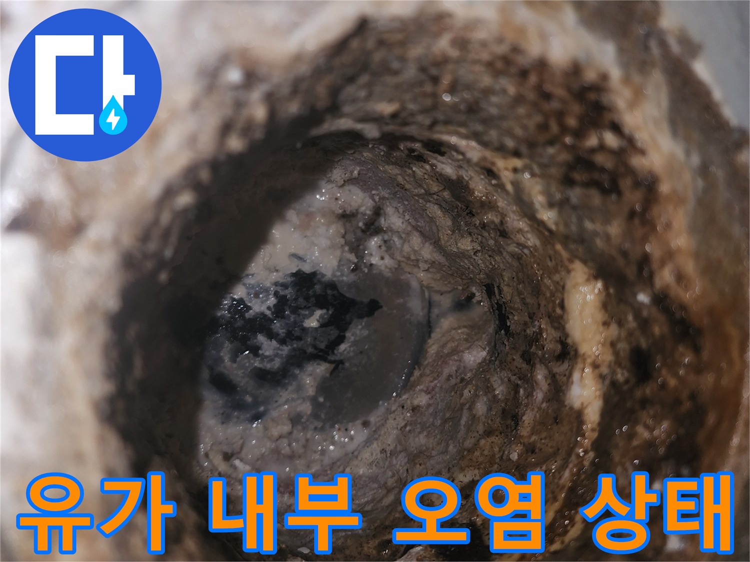 심하게 오염된 배수구 유가 내부의 상세 모습