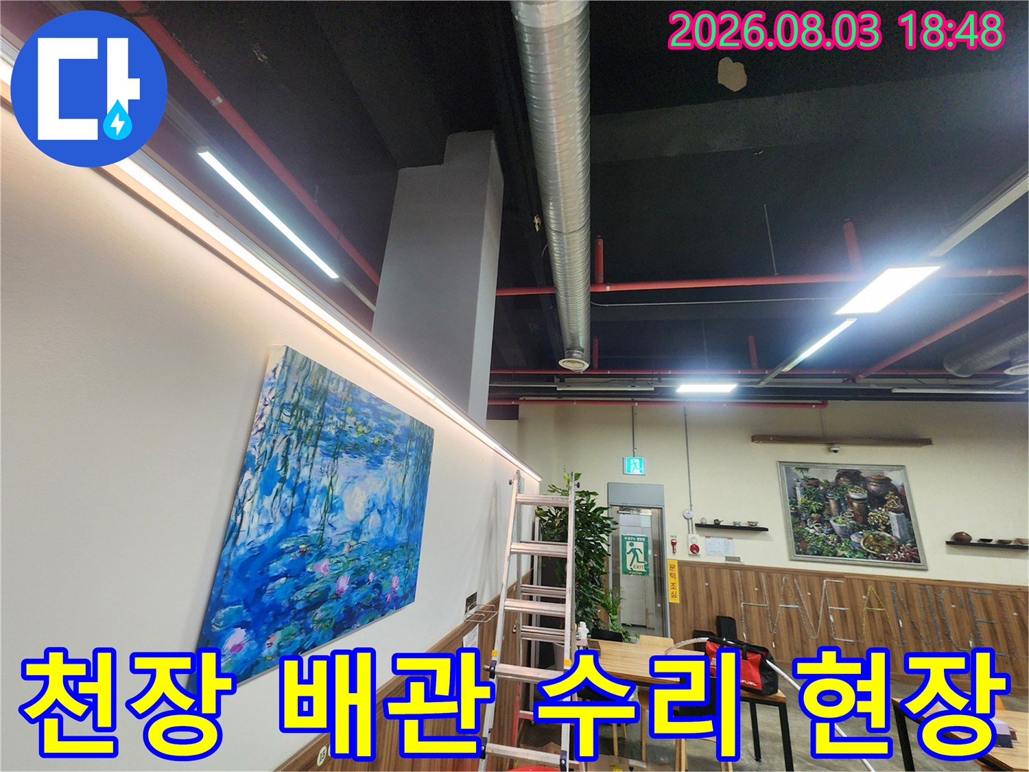 사다리를 세우고 고소 부위 배관을 점검하는 누수 공사 현장