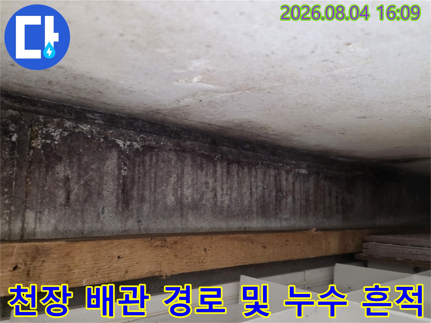 곰팡이와 오염이 섞인 천장면과 노출된 배관 구조부위