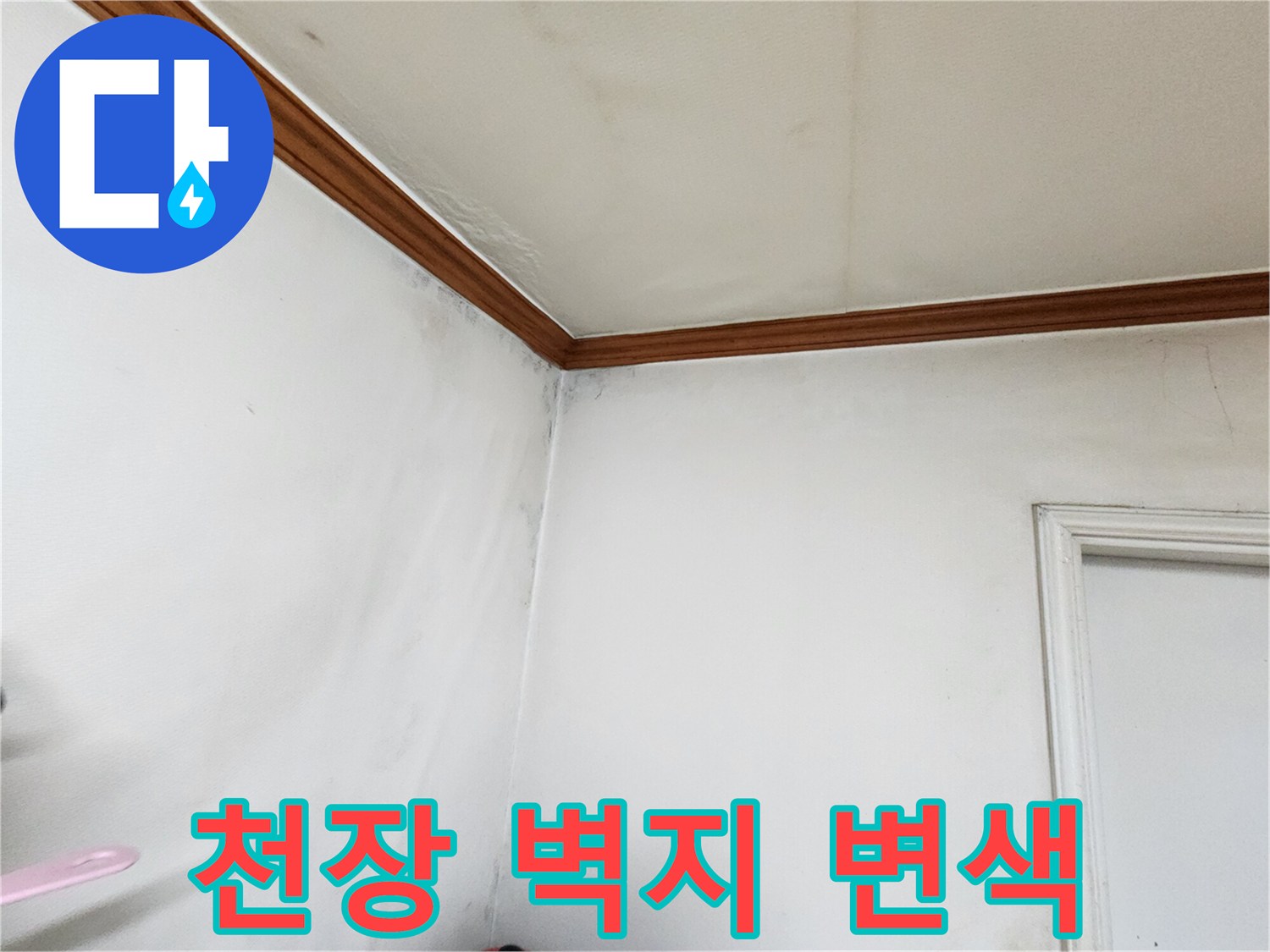 천장 구석의 습기로 인한 얼룩 및 변색 상태