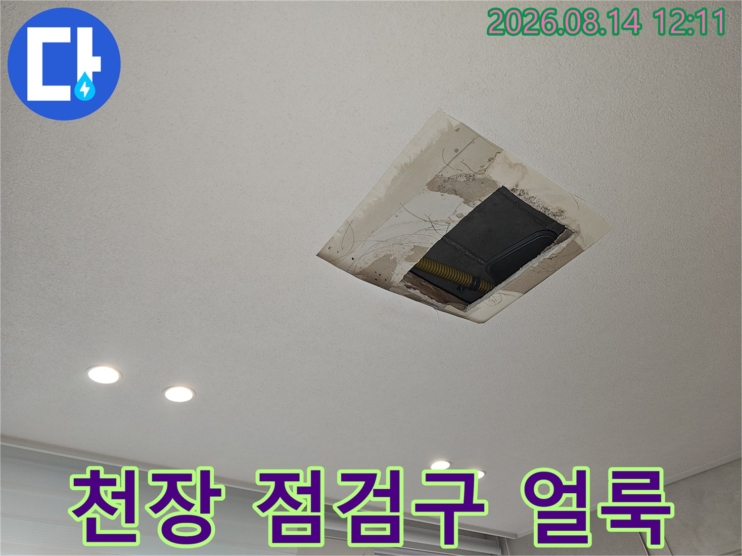 아파트 천장 점검구 주변에 발생한 누수 흔적과 젖은 얼룩