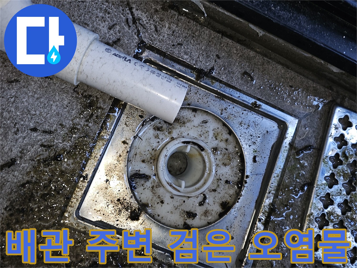 배수 유입구 주변의 젖은 이물질 분포