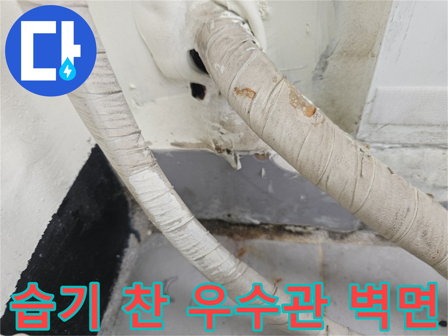 습기가 침투하여 변색된 우수관 주변의 벽체 마감